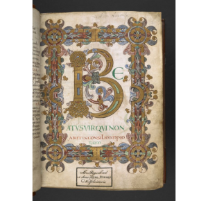 Initiales B und dekorative Bordüre. Psalm 1, Canterbury, frühes 11. Jahrhundert (British Library Arundel MS 155, f. 12r).