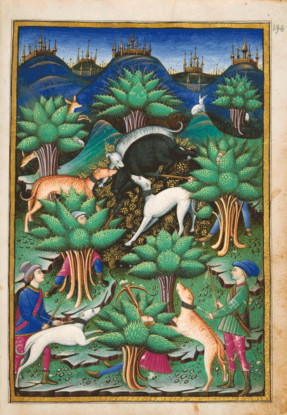 Jagdszene. Aus: Abhandlung über die Jagd, Mailand, 1459 (Chantilly, Musée Condé, Ms. 368, fol. 85r), Hunting scene, Treatise of Falconry and Hunting, Milan (Italy), 863 AH/1459 CE