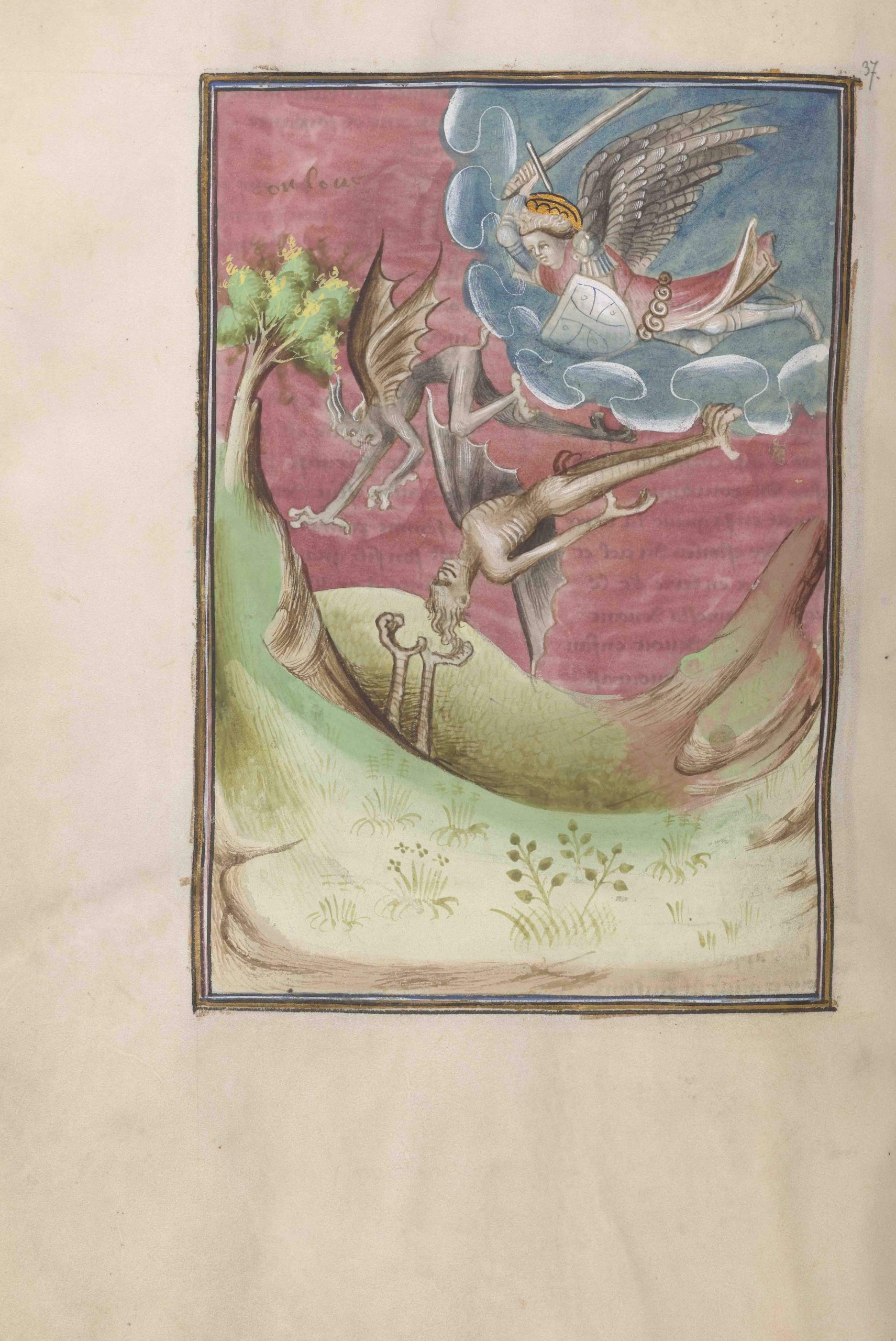 Folio 37 verso showing archangel Michael fighting the devils, from The Morgan Library & Museum in New York, MS M.133; Paris, around 1410