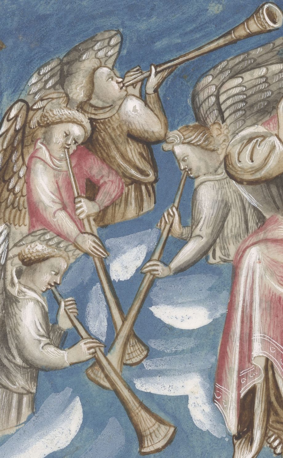 extract from the Berry Apocalypse; folio 18 verso showing archangel angels playing the trumpet