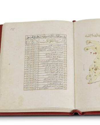 Aufgeschlagenes Faksimile-Ausgabe des Ulugh Begs. Es zeigt eine Doppelseite. Links ist eine Tabelle mit arabischen Schriftzeichen zu erkennen. Rechts sieht man das Sternbild des Löwen.