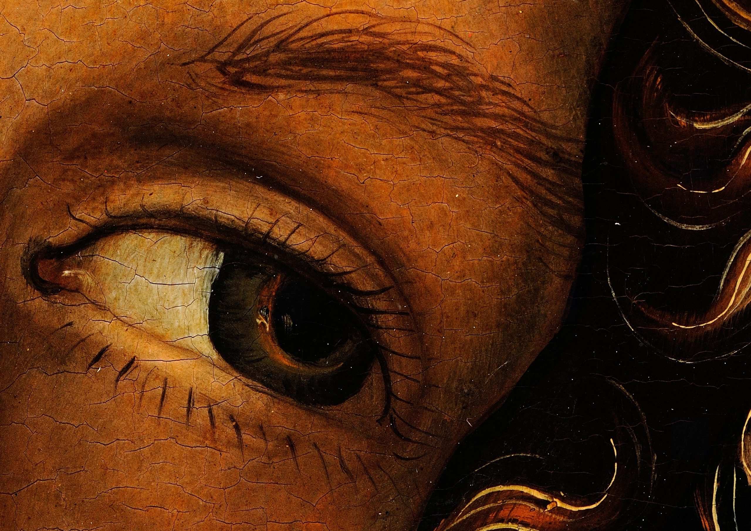 Detailausschnitt des linken Auges von Adam, aus dem Gemälde "Adam" von Lucas Il Vecchio Cranach, gigapixel, haltadefinizione, gemälde, digital, kunstwerk
