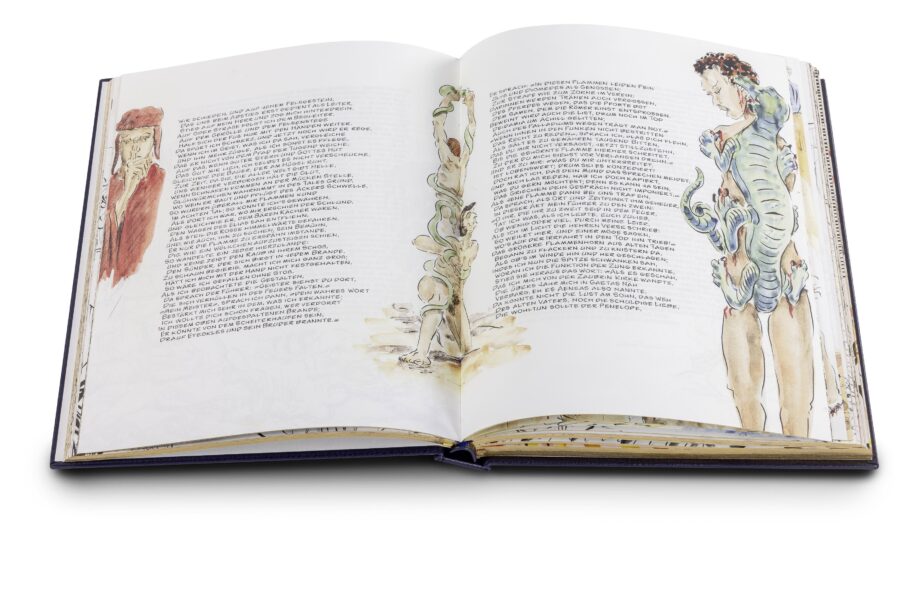 Aufgeschlagenes Faksimile-Ausgabe von Dantes göttlicher Komödie. Es werden zwei Textseiten gezeigt mit comicähnlichen Figuren an beiden Seitenrändern.