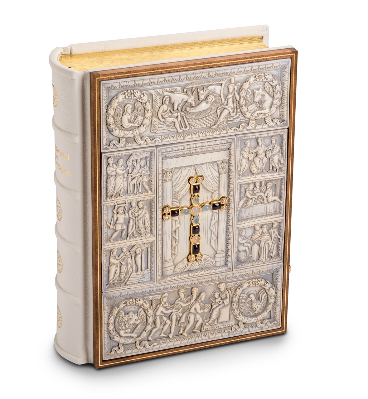 Bible on display: Binding with ivory replicas in a fine wooden frame. In the centre of the cover is a magnificent cross set with precious stones in real gold plating. Two genuine gold-plated polished clasps round off this masterpiece.